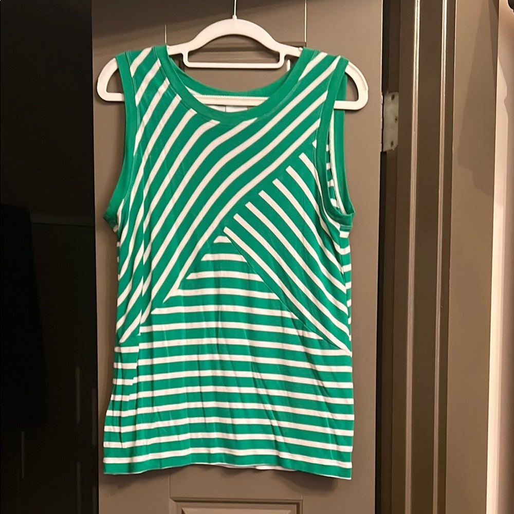 CAbi Asymmetrical Green and White Tank Top